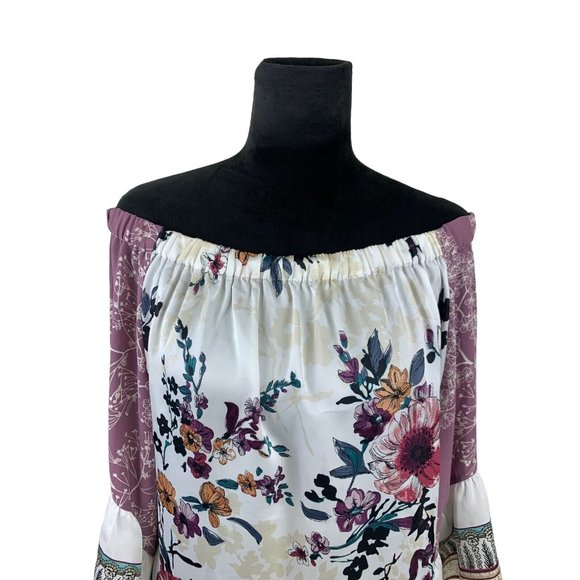 White House Black Market Satin Floral Off The Shoulder Blouse Size L - Picture 2 of 10